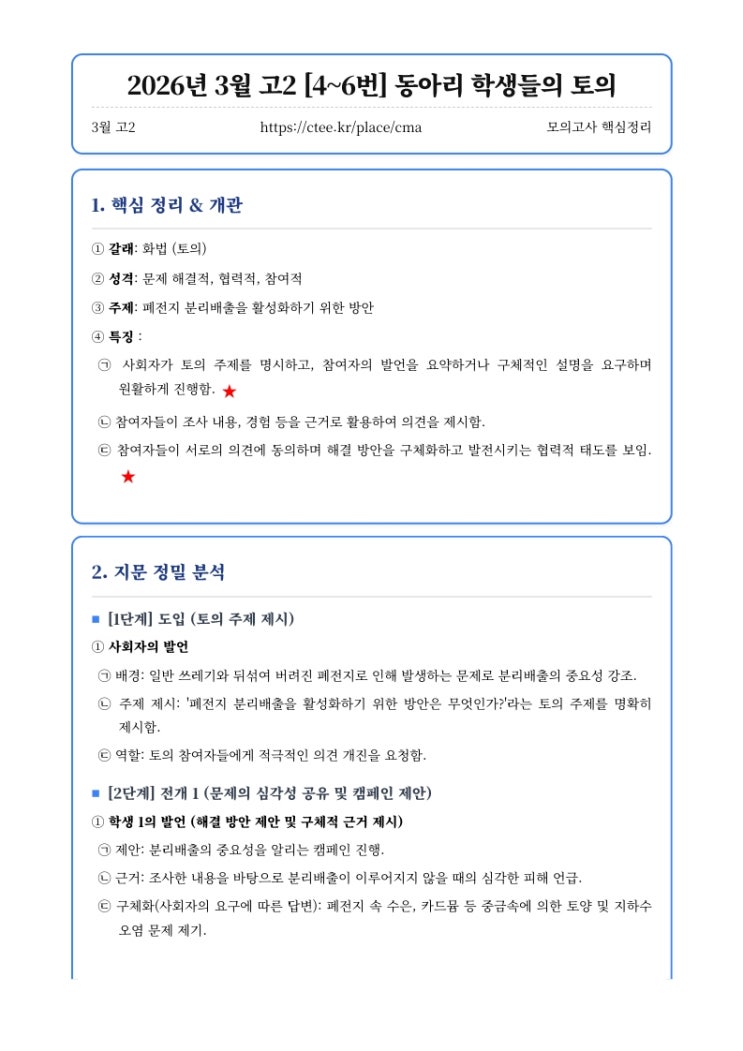 2026년 3월 고2 [4~6번] 동아리 학생들의 토의 핵심정리&변형문제[창현고국어영어CMA학원]