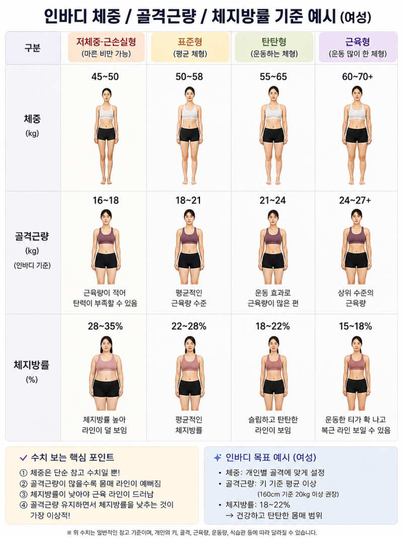 여자 미용몸무게와 가장 예뻐보이는 근육량, 체지방률 구간