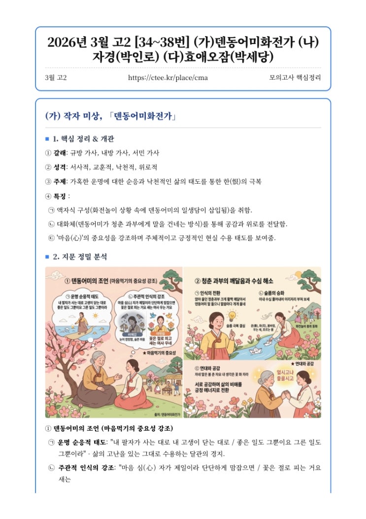  2026년 3월 고2 [34~38번] (가)덴동어미화전가 (나)자경(박인로) (다)효애오잠(박세당) 핵심정리&변형문제[CMA수시입시컨설팅]