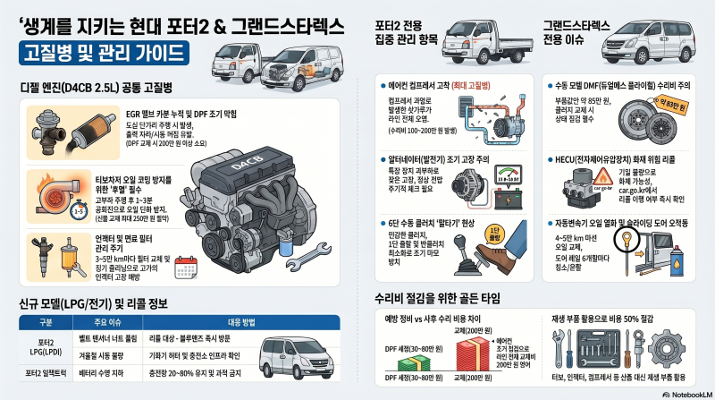 현대 포터2·그랜드스타렉스 고질병 총정리｜디젤·LPG 엔진·미션 문제와 예방·수리 가이드