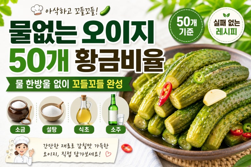 물없는 오이지 담그기 50개 황금비율 — 물 한 방울 없이 꼬들꼬들 아삭하게 완성하는 법