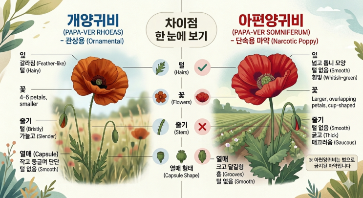  양귀비 구분 종류 개양귀비 마약양귀비 차이점