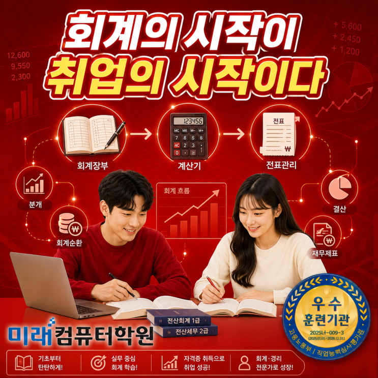   부산·김해·양산 국비지원 회계자격증 과정 추천!전산회계1급·전산세무2급·FAT1급 한번에 취득하고 회계·경리사무원 취업까지!