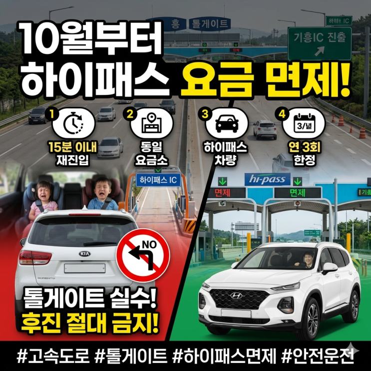  고속도로 톨게이트 잘못 나갔을 때 후진 절대 금지, 10월부터 하이패스 요금 면제됩니다