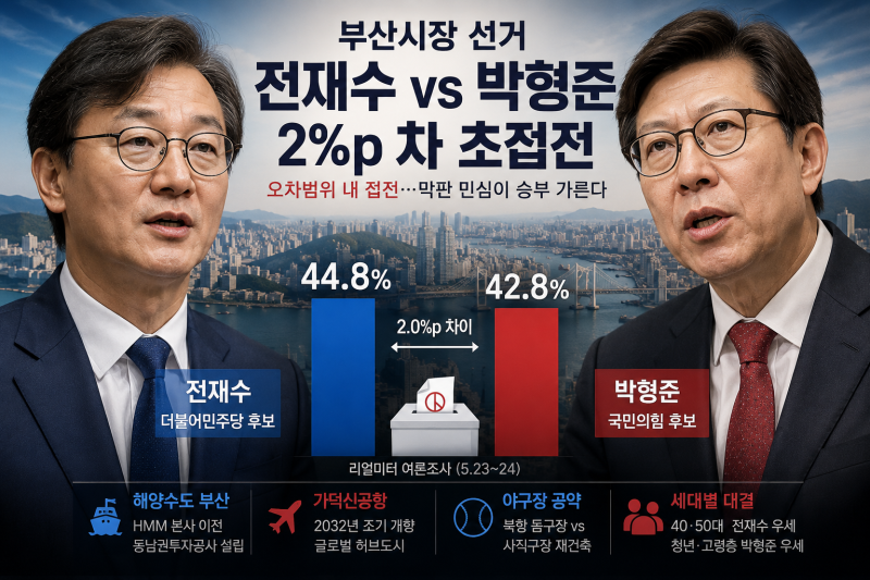 부산시장 선거 판세분석…전재수·박형준 초접전, 부산 권력지형 30년 만에 흔들리나