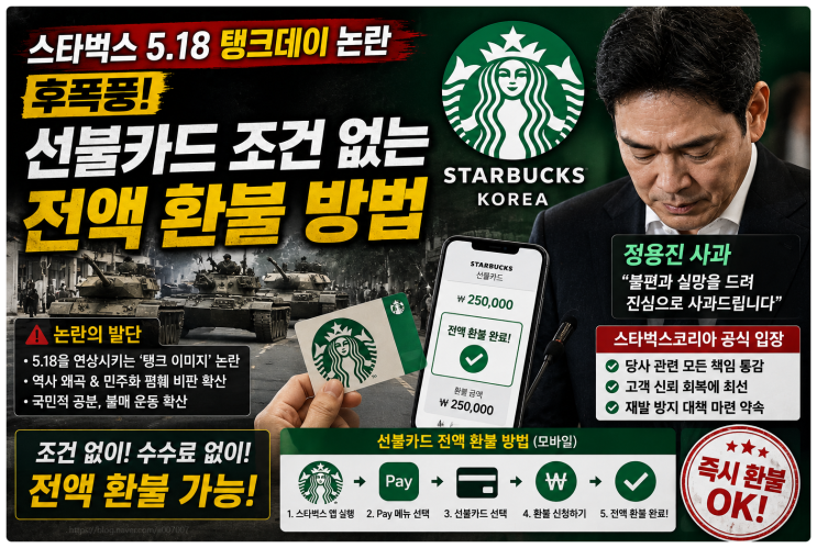  스타벅스 5.18 탱크데이 논란 후폭풍, 선불카드  충전금 조건 없는 전액 환불 방법 (정용진 사과)