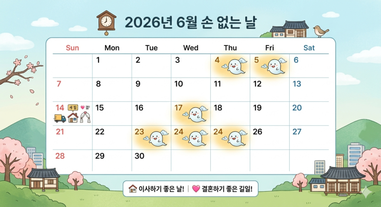  [2026년 6월 손 없는 날] 이사, 결혼 준비 필수 체크! 달력으로 보는 길일 정보 정리
