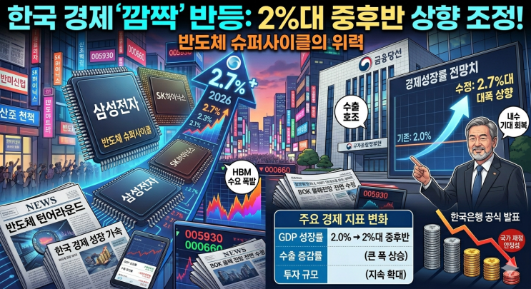 <b>한국</b>은행의 깜짝 선물: 경제<b>성장률</b> 2%대 중후반 <b>상향</b>, 반도체... 