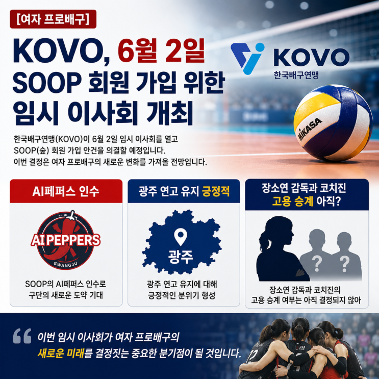 [프로배구] <b>KOVO</b>, 6월2일 <b>SOOP</b> 회원 <b>가입</b> 위한 임시 이사회... 