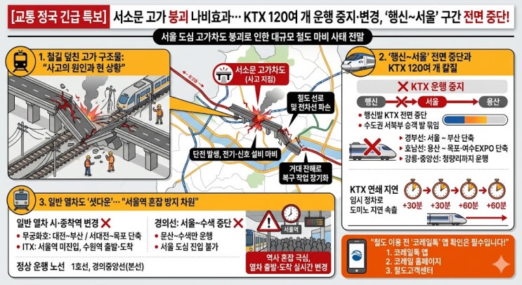 KTX 120여 개 <b>운행 중지</b>·변경, '행신~<b>서울</b>' 구간 전면 중단!
