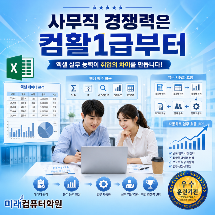  부산·김해·양산 컴활1급자격증 취득 추천 국비지원교육｜엑셀·엑세스·VBA 실무 배우고 행정사무직 취업까지!