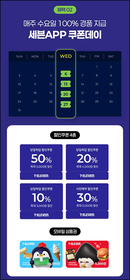  세븐일레븐 출석체크 (랜덤 금액 및 쿠폰)즉당 매주수요일