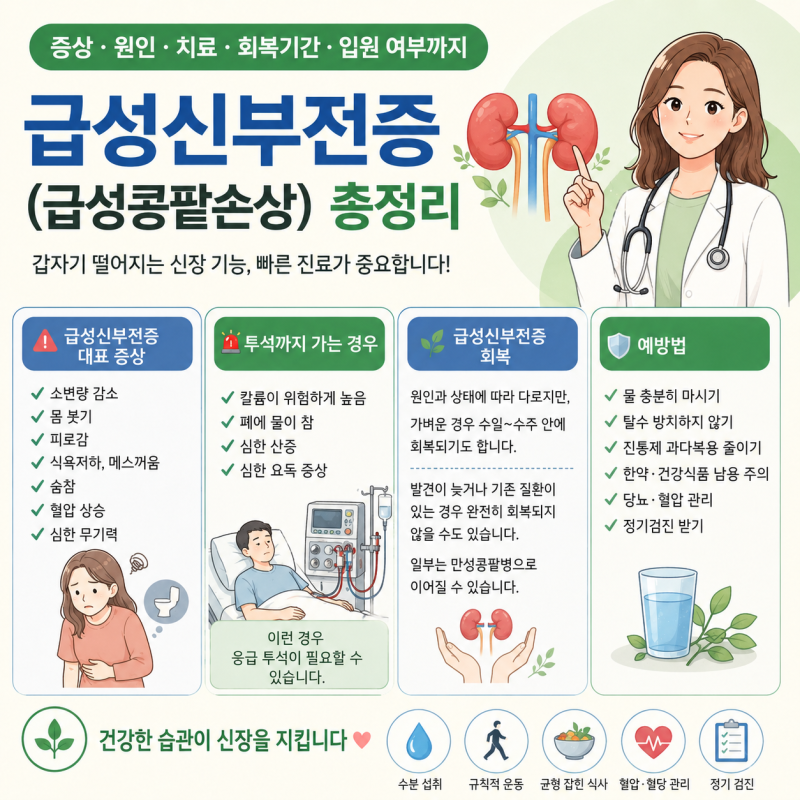 급성신부전증(급성콩팥손상) 총정리(증상 · 원인 · 치료 · 회복기간 · 입원 여부까지) 급성....