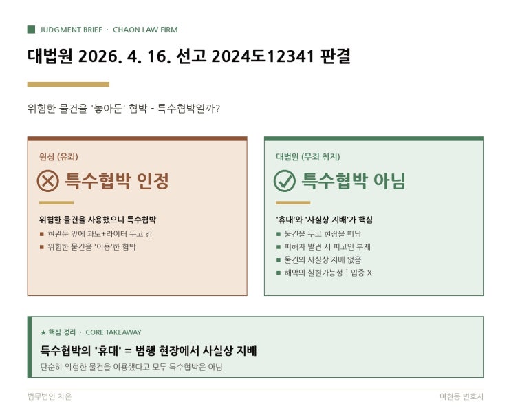  대법원 2026. 4. 16. 선고 2024도12341 판결 - 흉기를 현관문에 두고 갔다면 '특수협박'일까요?