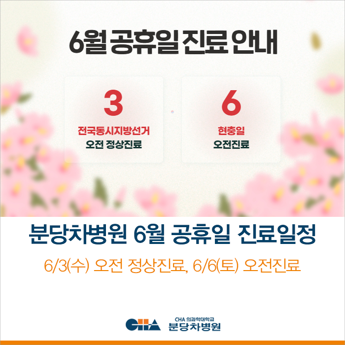 분당차병원 6/3(수) 오전 정상진료, 6/6(토) 오전진료