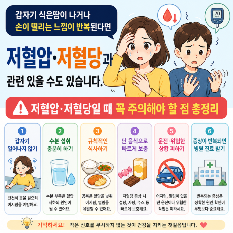 갑자기 식은땀이 나거나손이 떨리는 느낌이 반복된다면저혈압·저혈당과 관련 있을 수도 있....