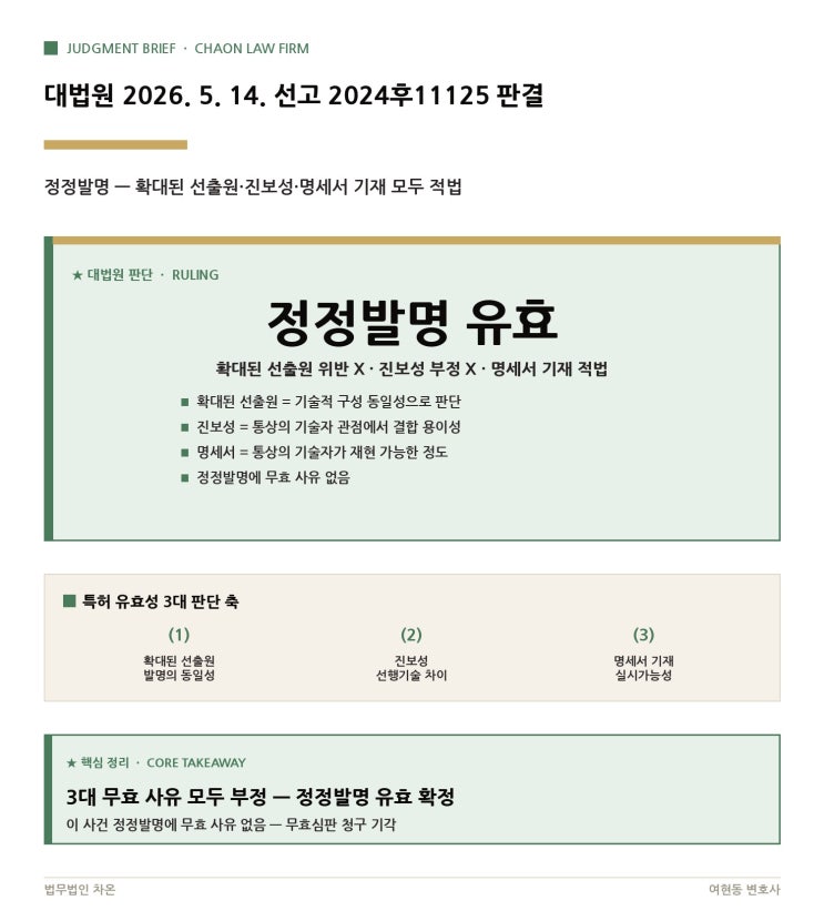 대법원 2026. 5. 14. 선고 2024후11125 판결 - 특허 무효 vs 유효, 3대 판단 기준은?