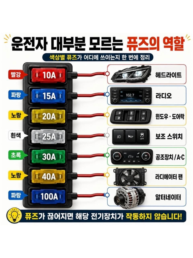 운전자 대부분 모르는 자동차 퓨즈의 역할! 색상별 용량과 위치 한 번에 총정리