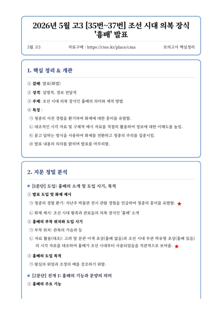  2026년 5월 고3 [35번~37번] (화작) 조선 시대 의복 장식 '흉배' 발표 핵심정리&변형문제 [창현고국어영어CMA학원]