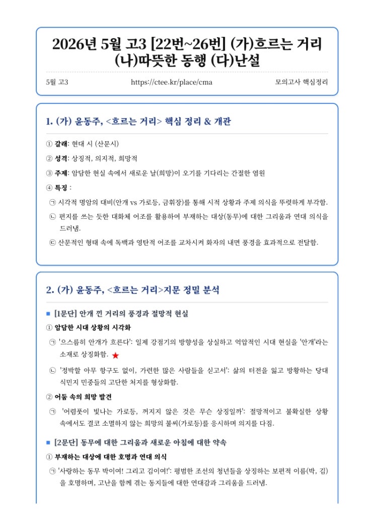  2026년 5월 고3 [22번~26번] (가)흐르는 거리 (나)따뜻한 동행 (다)난설 핵심정리&변형문제 [우만동CMA국어영어학원]