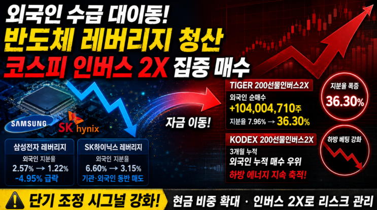 "증시 하락의 신호인가?" 외국인 코스피 200 인버스 2X 대량 매수, 반도체 레버리지 이탈과 증시 하방 시그널