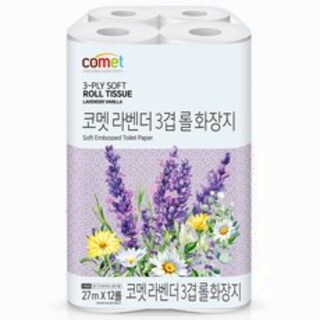  코멧 라벤더 3겹 롤화장지 27m 12개입 - 부드럽고 은은한 라벤더 향
