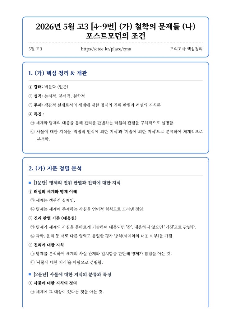  2026년 5월 고3 [4~9번] (가)철학의 문제들 (나)포스트모던의 조건 핵심정리&변형문제 [수원CMA입시컨설팅]