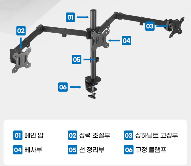 마운트뷰 트리플 모니터암 이거면 고민 끝! (32인치 3대 동시 + 360도 회전 클램프형)