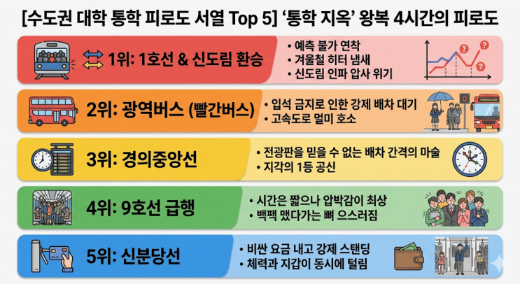  [통학 지옥] 왕복 4시간 길바닥에 버리는 수도권 대학 통학 피로도 서열, 1교시는 꿈도 못 꾸네요