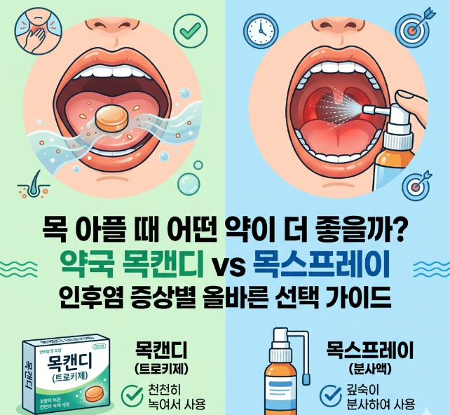 약국 목캔디 vs 목스프레이 완벽 비교, 목 아플 때 효과 빠른 성분 팩트체크