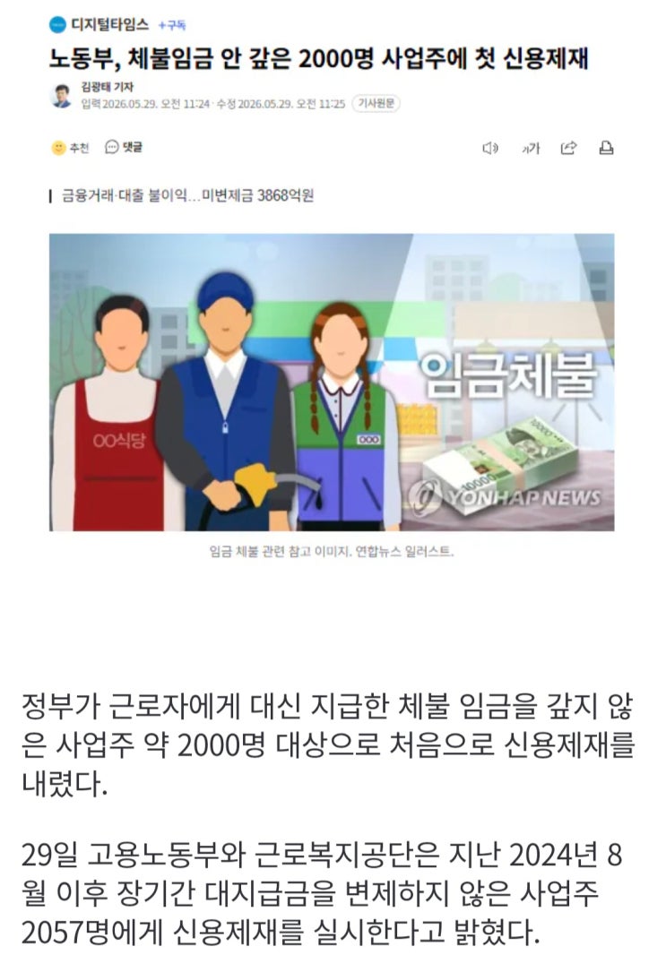  노동부, 체불임금 안 갚은 2000명 사업주에 첫 신용제재
