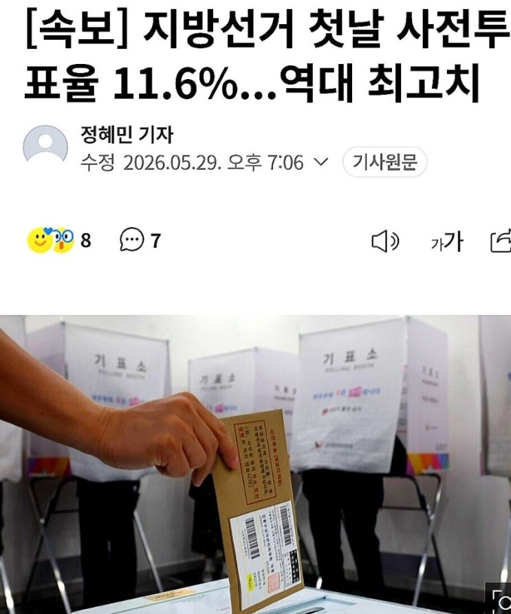 6·3 <b>지선</b> 첫날 <b>사전투표율</b> 최종 11.6%…'역대 최고' 기록