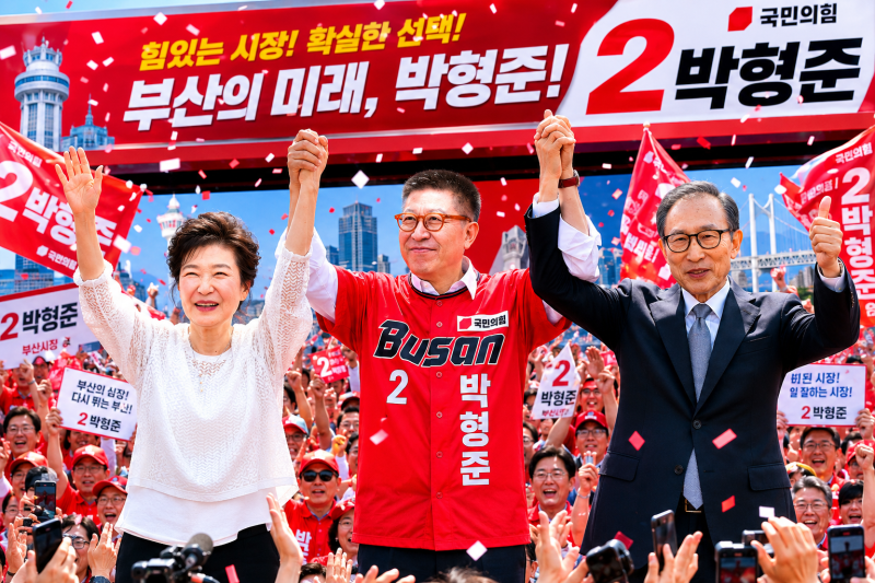 부산시장 후보 박형준 지원 위해 내려온 박근혜 이명박
