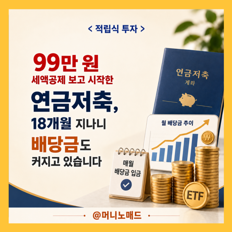  99만 원 세액공제 보고 시작한 연금저축, 18개월 차 배당금도 커지고 있습니다.