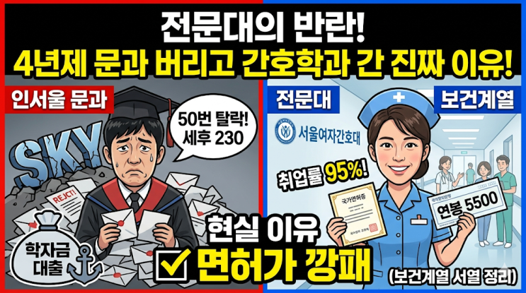  [전문대의 반란] 4년제 인서울 문과 버리고 전문대 간호학과 선택한 현실 이유 (보건계열 서열 정리)