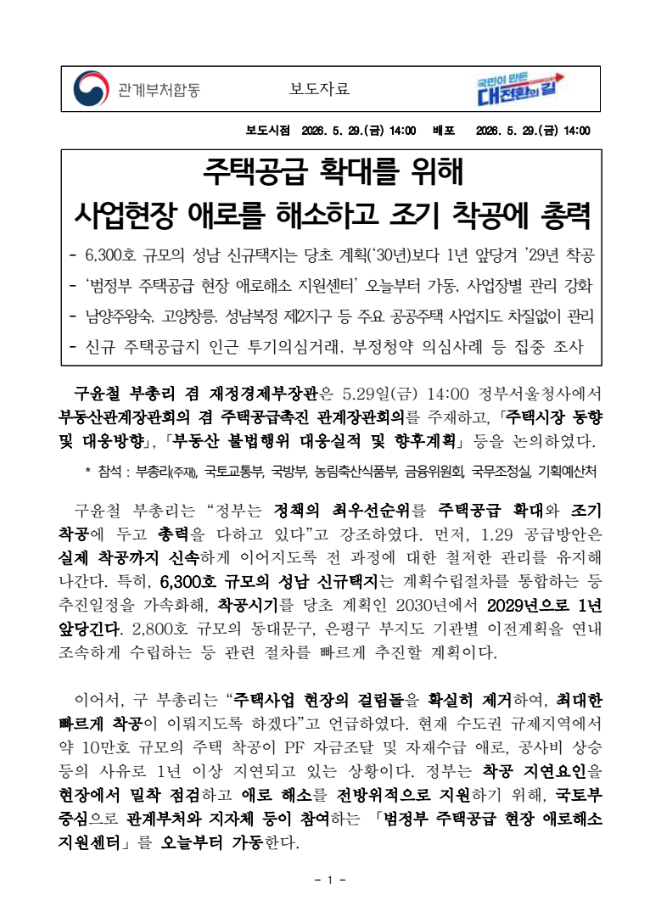 주택공급 확대를 위해 사업현장 <b>애로</b>를 <b>해소</b>하고 조기 착공에... 