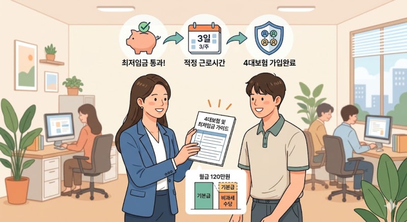 월급 120만 원(비과세 32만 원), 최저임금 위반 안 되려면? 4대보험 가입 조건과 적정 근로시간 ....