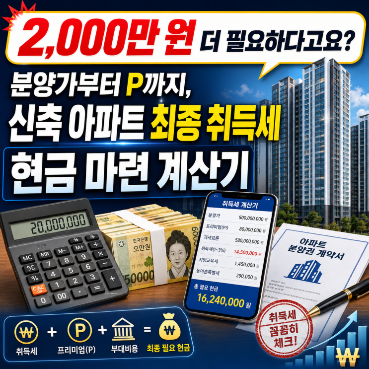  "2,000만 원 더 필요하다고요?" 분양가부터 P까지, 신축 아파트 최종 취득세 현금 마련 계산기