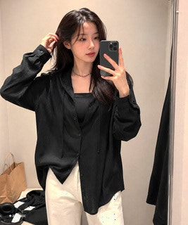  WOMAN 썸머 루즈핏 링클 후디드 셔츠 - 시원한 여름 데일리 아우터