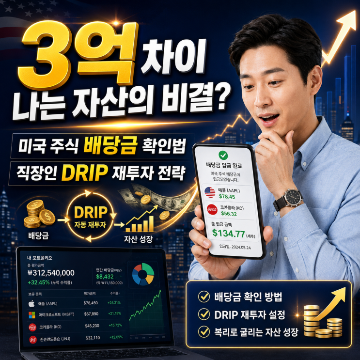  3억 차이 나는 자산의 비결? 미국 주식 배당금 확인법과 직장인 DRIP 재투자 전략