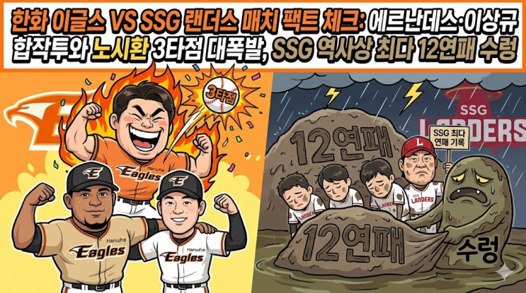  한화 이글스 VS SSG 랜더스 매치 팩트 체크: 에르난데스·이상규 합작투와 노시환 3타점 대폭발, SSG 역사상 최다 12연패 수렁