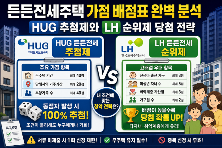  든든전세주택 가점 배점표 완벽 분석: HUG 추첨제와 LH 순위제 당첨 전략
