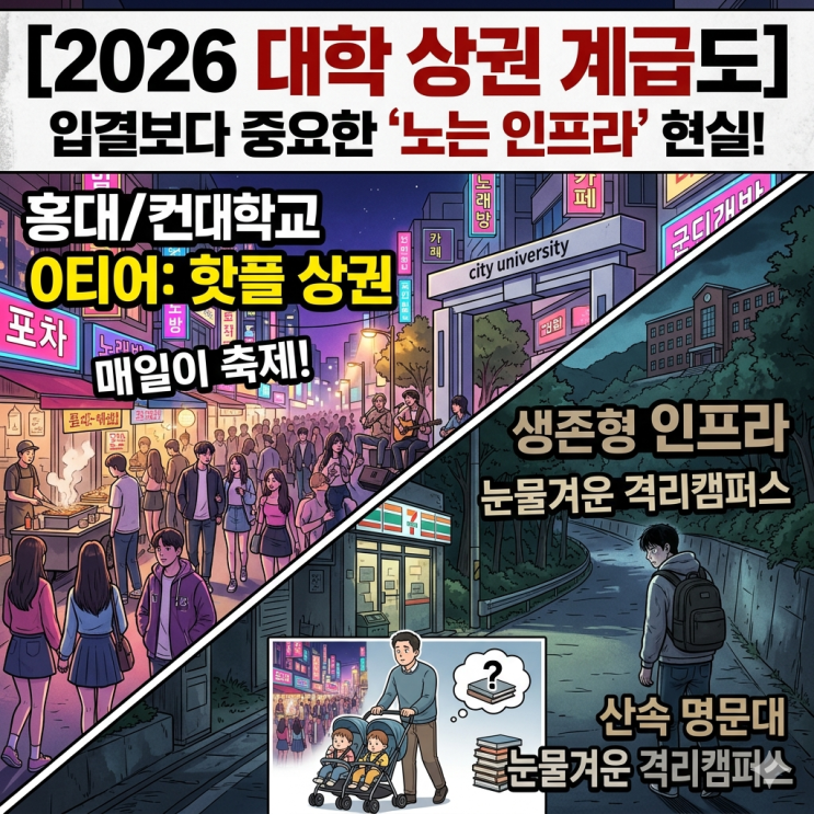  [2026 대학 상권 서열] 산속 명문대 vs 홍대 건대, 입결보다 중요한 캠퍼스 라이프 현실 계급도