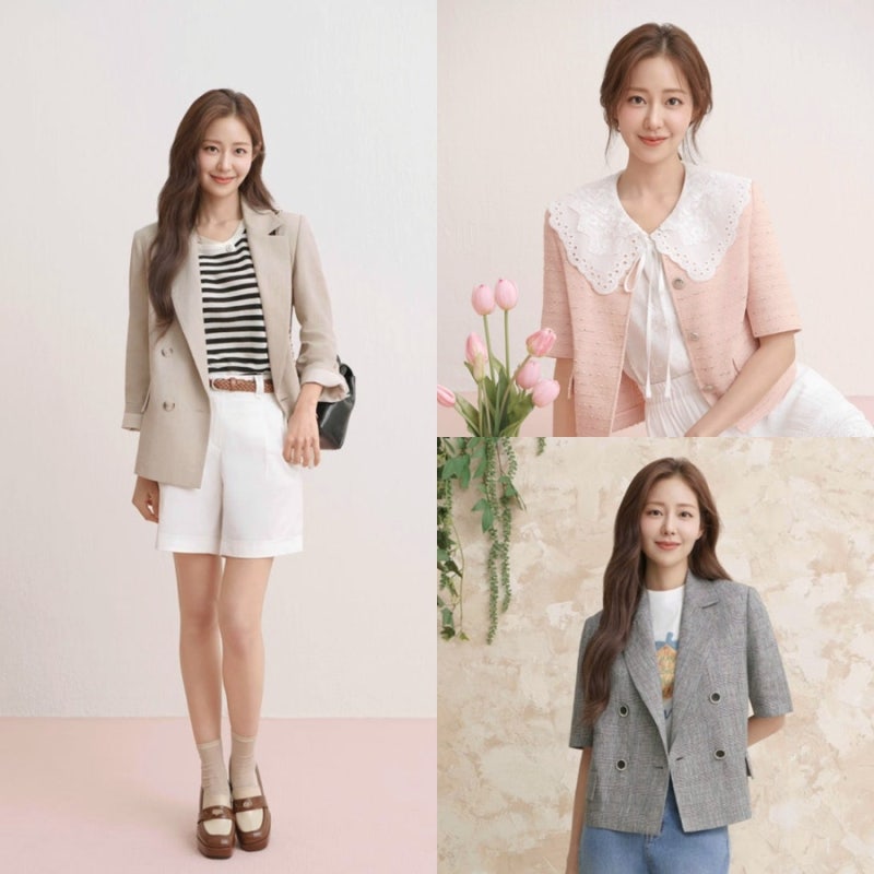 무자크 26SS 신슬기 패션 여자 여름 자켓 코디 (반팔 트위드 베이지린넨 자켓)