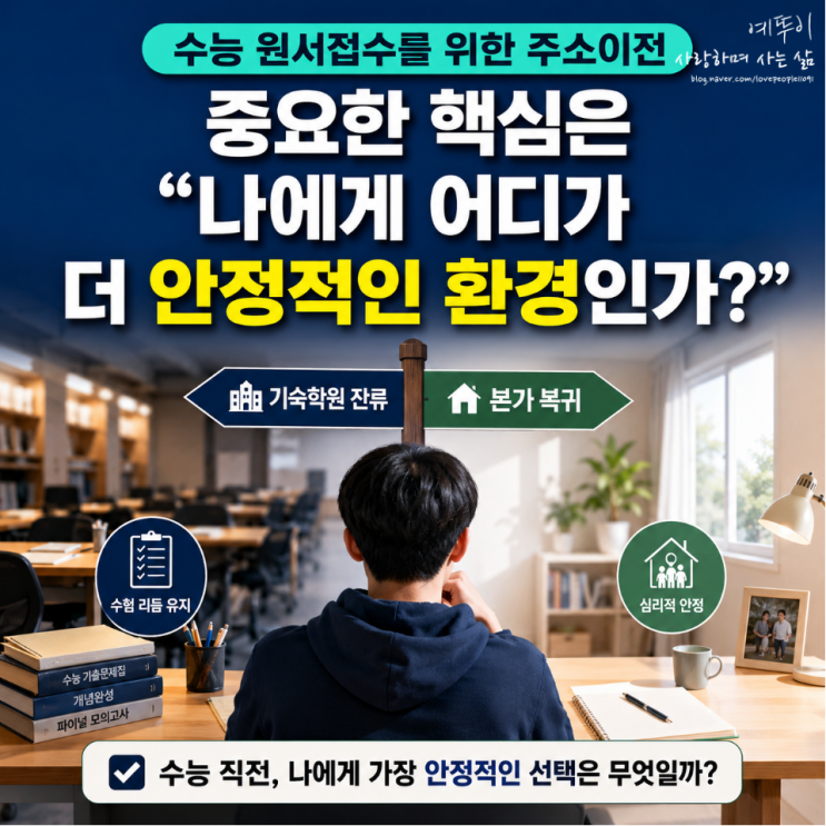  수능 원서접수 재수 기숙학원 주소이전 고민 정말 중요한 것은 나에게 어디가 더 안정적인 환경인가