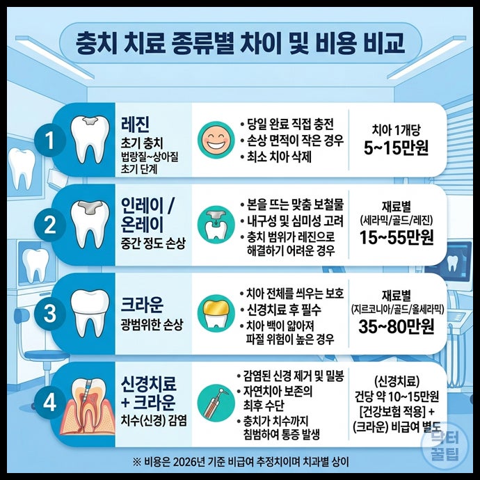 충치 치료 종류별 차이와 비용 비교 레진 인레이 크라운 신경치료 선택 기준은?
