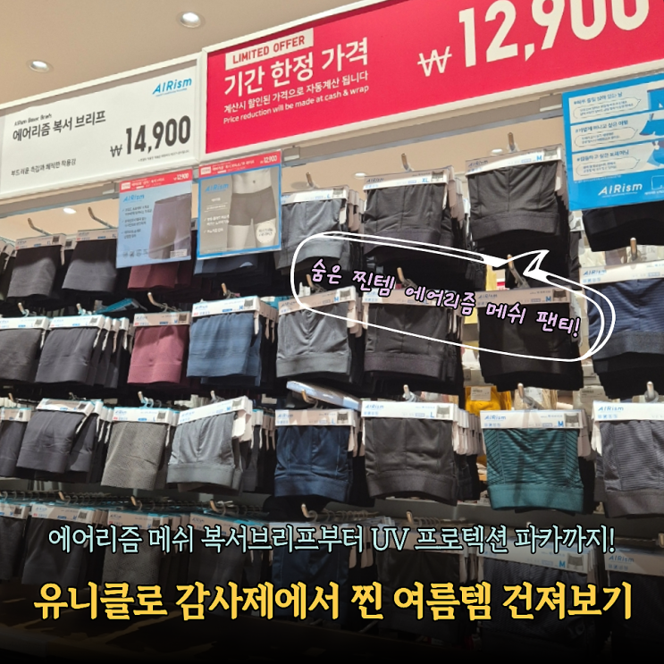  유니클로 감사제 할인품목 찐 여름템 건져보기(에어리즘 브라탱크탑 코튼T 복서브리프 시어T 쇼트블루종 배기진 세실리아반센 키즈)