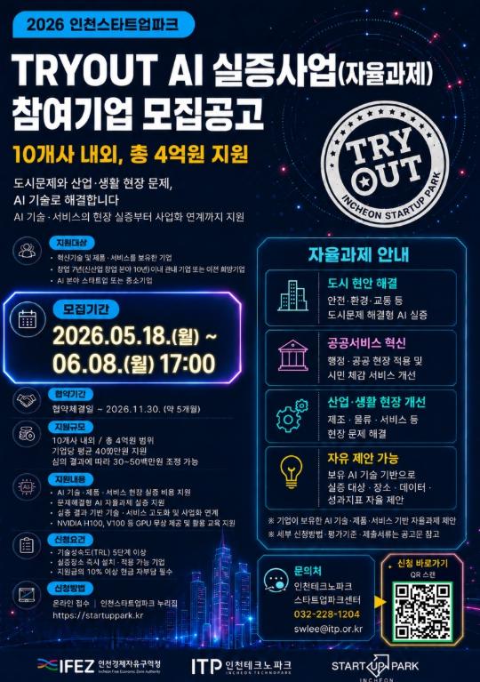 인천TP, 인천스타트업파크 ‘TRYOUT AI 실증사업’ 참여기업 모집