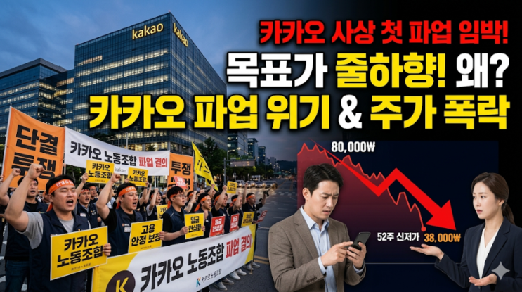 <b>카카오 첫 파업</b> 임박, 주가 52주 신저가 추락 원인 및 향후 전망