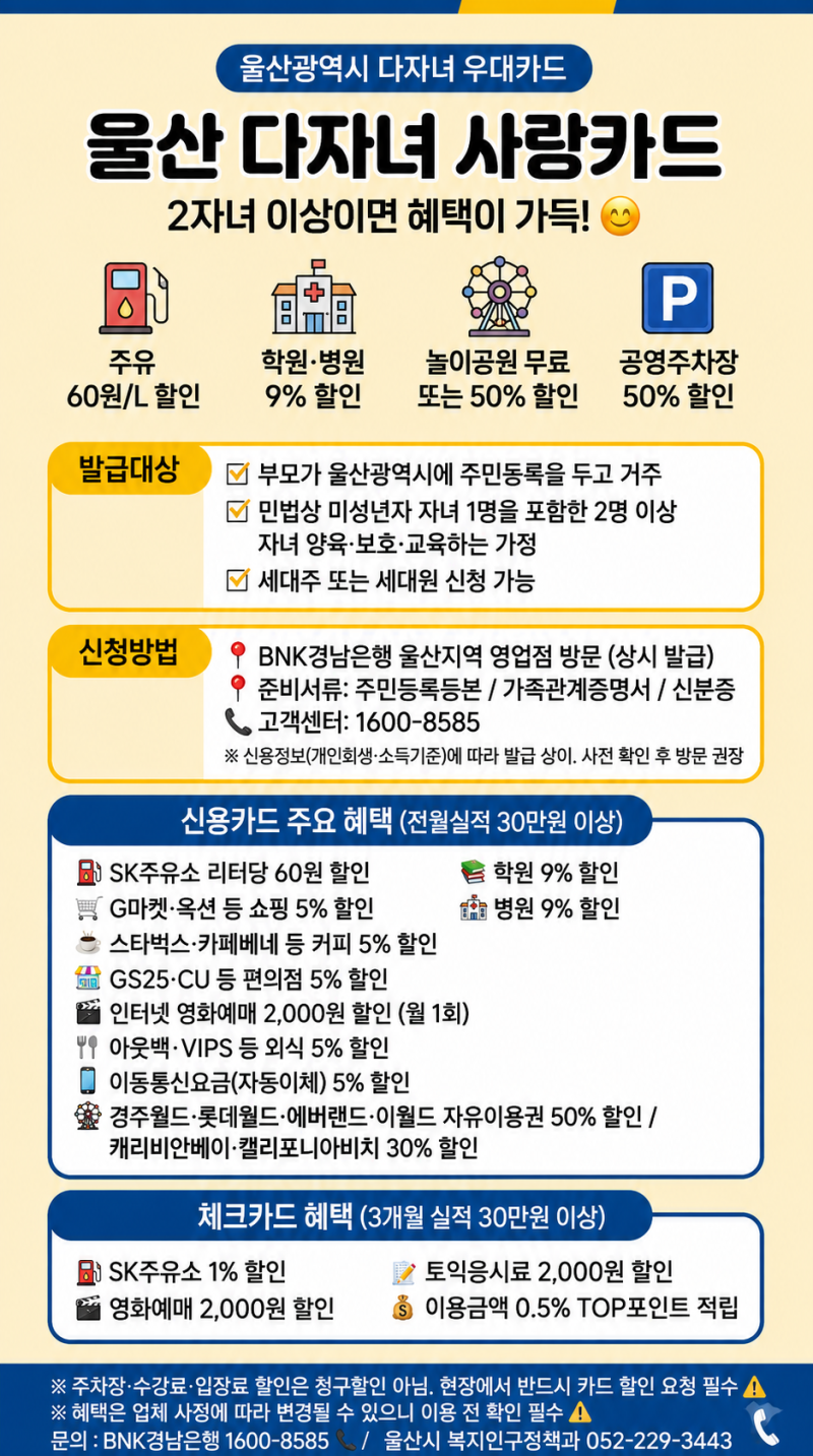 2자녀 다자녀 혜택 되는 지역 어디? 2026 전국 정리 울산 다자녀 사랑카드 편